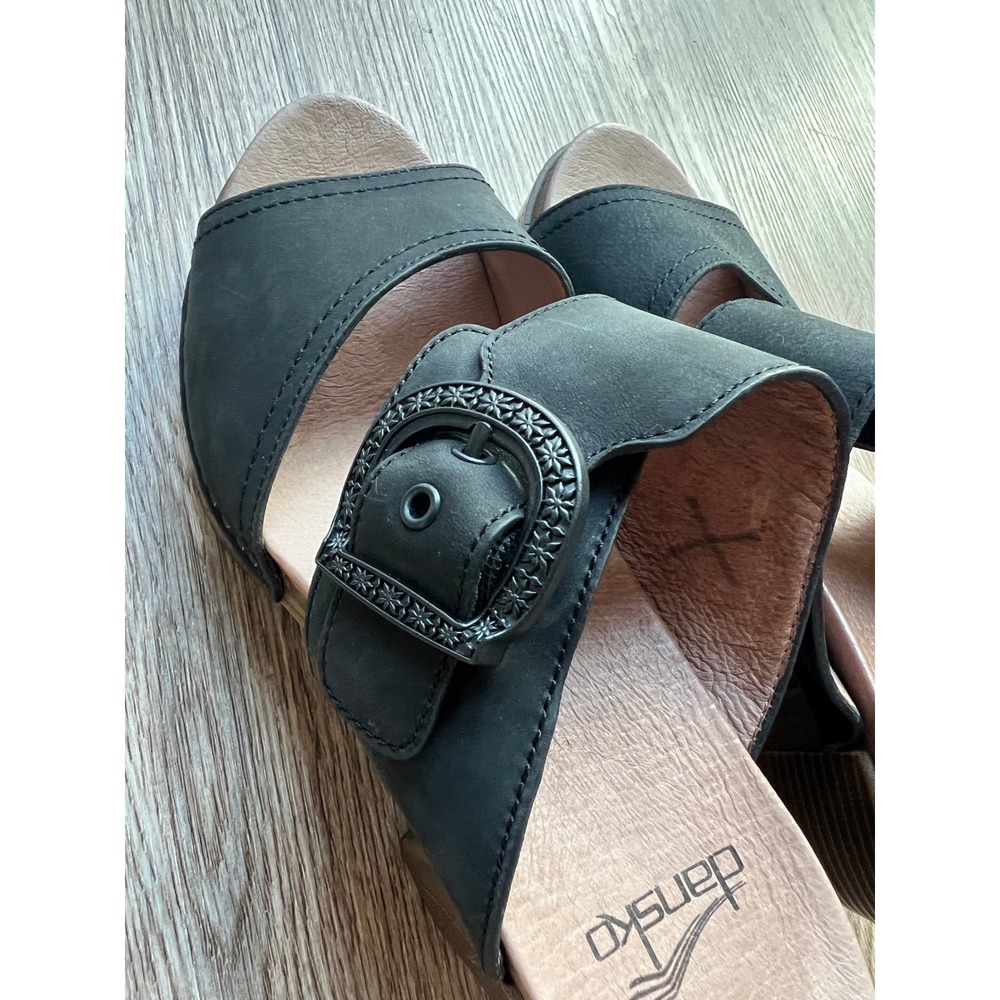 Dansko Ramona Black Leather Slide Sandals Buckle Block Heel Clog Mules Size 7.5 - Picture 6 of 11